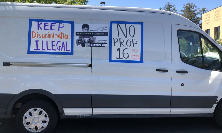 A local group held a Car Parade to oppose Proposition 16. Prop 16 is designed to repeal Proposition 209. Prop 209 was passed to lessen discrimination.