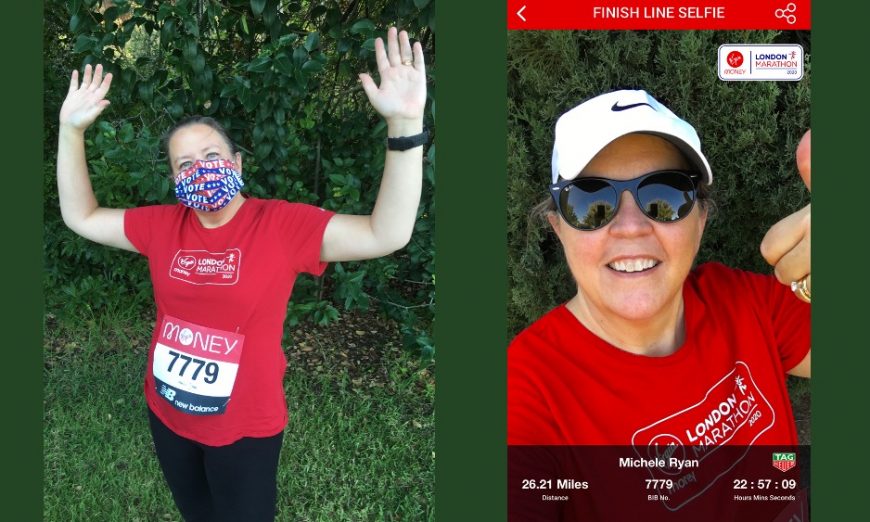 Santa Clara Unified School District Board President Michele Ryan ran the London Marathon in her hometown of Santa Clara. The event was virtual.