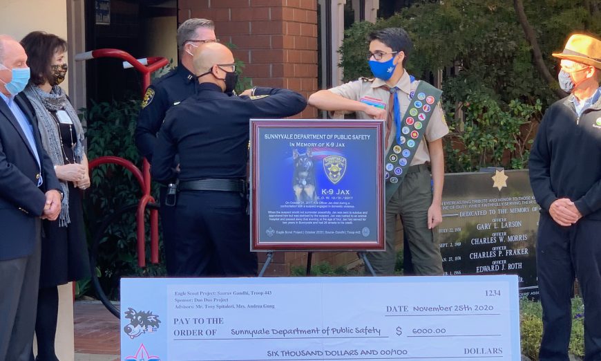Sunnyvale Eagle Scout Saurav Gandhi has donated $6,000 to the Sunnyvale Department of Public Safety's K-9 program in honor of K-9 Officer Jax.
